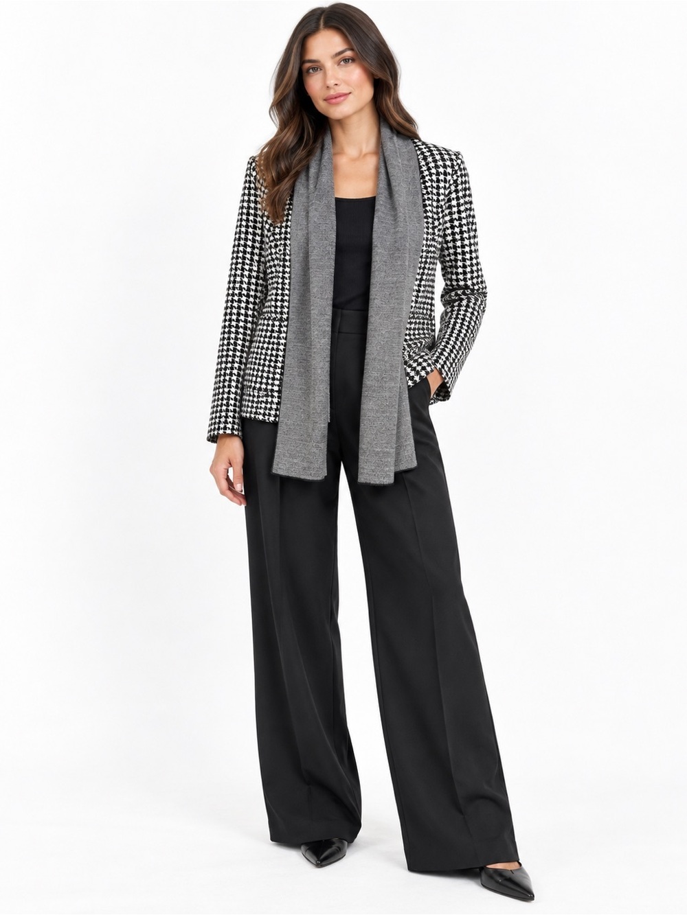 CAbi Houndstooth Scarf Collar Blazer Jacket Black White Office chic Workwear